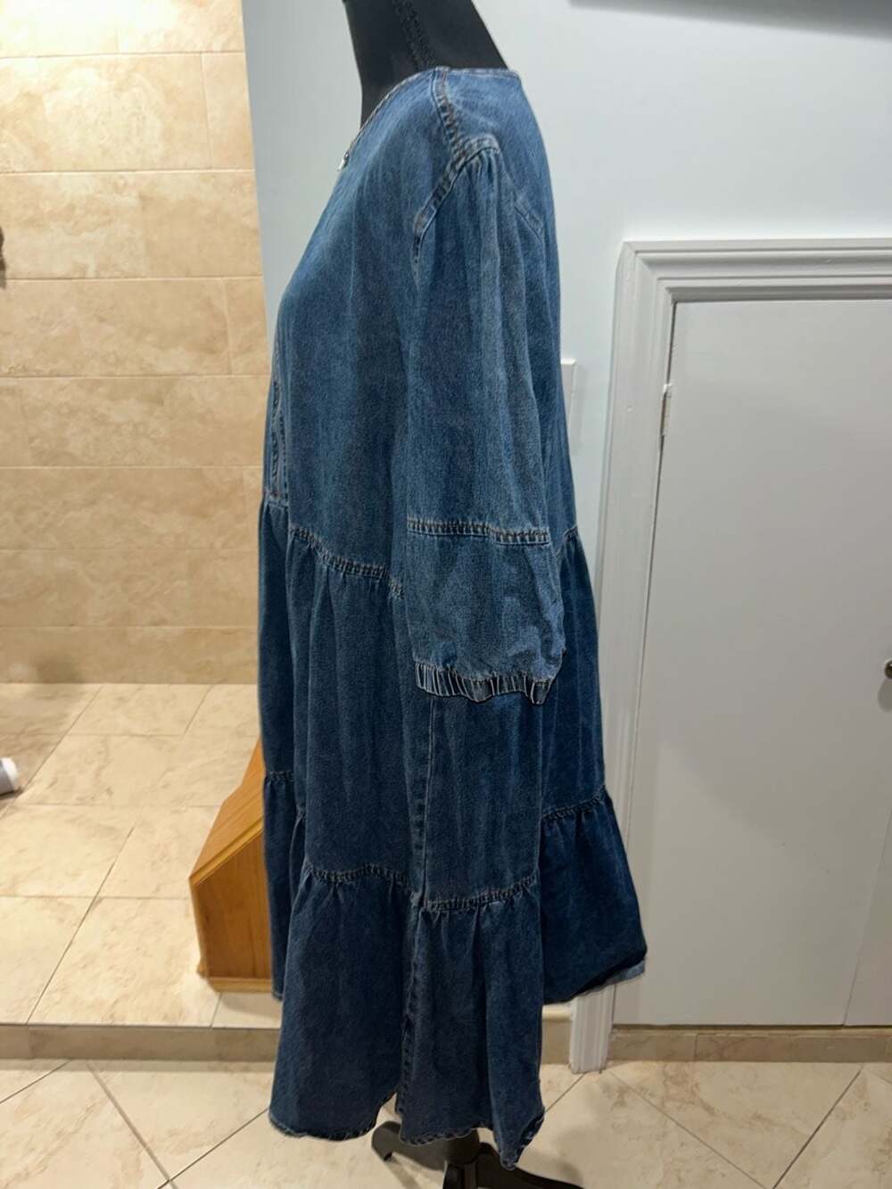Women's Casual Denim Tiered Midi Dress with Zipper